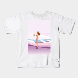 Bikini girl at pink beach Kids T-Shirt